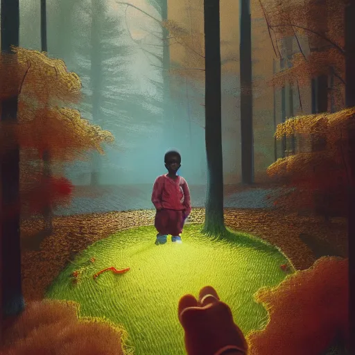 Prompt: a cinematic detailed painting of a black kid in the woods, volumetric light, surrealism, highly detailed, realistic, retro, in the style of francis bacon and james jean, trending on artstation, painting by Edward Hoper, colorful, realistic, smooth, octane render