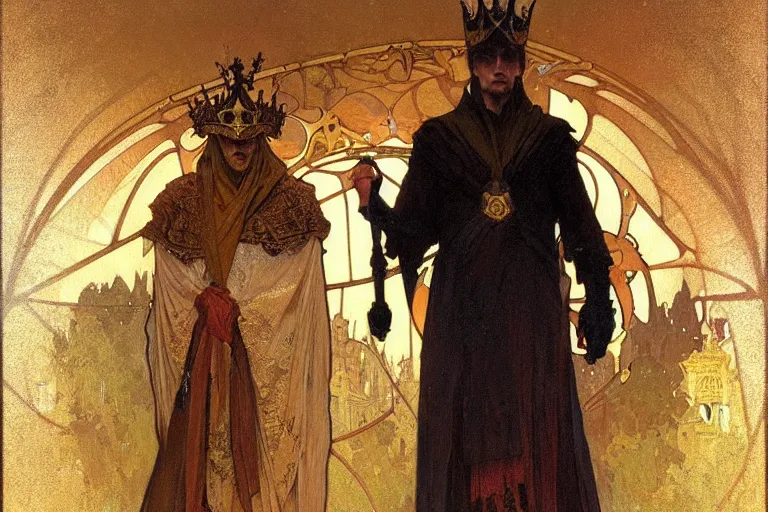 Image similar to a man wearing dark clothes and golden crown, muscular, painting by greg rutkowski and alphonse mucha