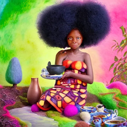 Image similar to black girl with big cute! eyes and a colorful afros having a tea party in an african zen garden with a baobab tree, bright colors, watercolor, volumetric wool felting, felt, macro photography, children illustration, global illumination, radiant light, detailed and intricate environment, by goro fujita, psychedelic surreal portrait, bokeh!!!!