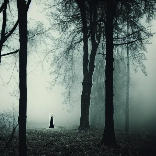 Prompt: dramatic ghost near abandoned islamic church in the woods, dark, gloomy, foggy, scary, by Natalia Drepina