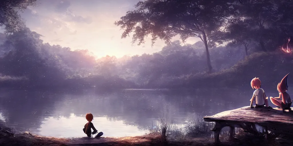 Image similar to a silver dragon and a boy sitting next to lake in forest, many fireflys, at night, concept art, dof, cryengine, digital art, detailed background, makoto shinkai