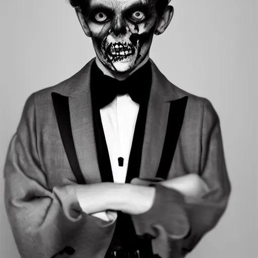 Image similar to a beautiful fashion portrait photograph of a friendly good looking zombie in a tuxedo, studio harcourt, black and white, fashion photography, paolo roversi, richard avedon, chiaroscuro, trending on artstation,