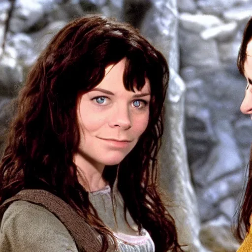 Prompt: lorelai gilmore in lord of the rings kissing gollum