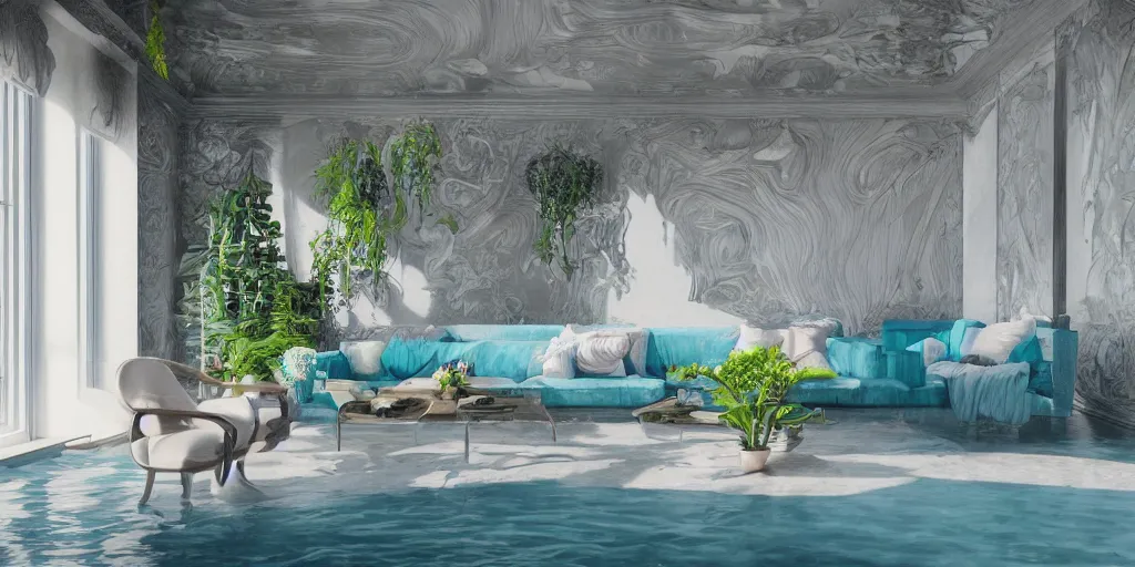 Prompt: a modern indoor room underwater surounded a hiper detailed inkdrop in water, clean architecture, pastel colored, baroque, a couch, a couch table, some fresh plants, intricate detailed 3 d render, elegant, intense colors, wide shot, octane render, photorealistic, daylight, peaceful, 8 k