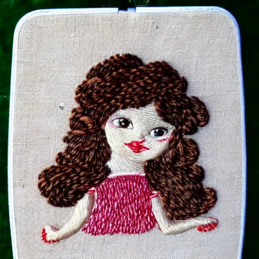 Image similar to a tiny beautiful handmade embroidery of a little girl with brown curly hair. hand embroidery.