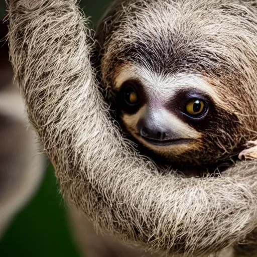 Prompt: baby cute sloth looking at the camera, most cute realistic animal in the world, sloth killing a pigeon with cute face, aggressive sloth fighting a muscled pigeon, best photo award, high quality 8 k, cinematic lighting