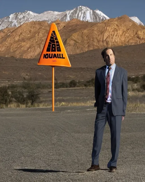 Image similar to film still saul goodman depressed, mountain backround with a traffic cone nearby.