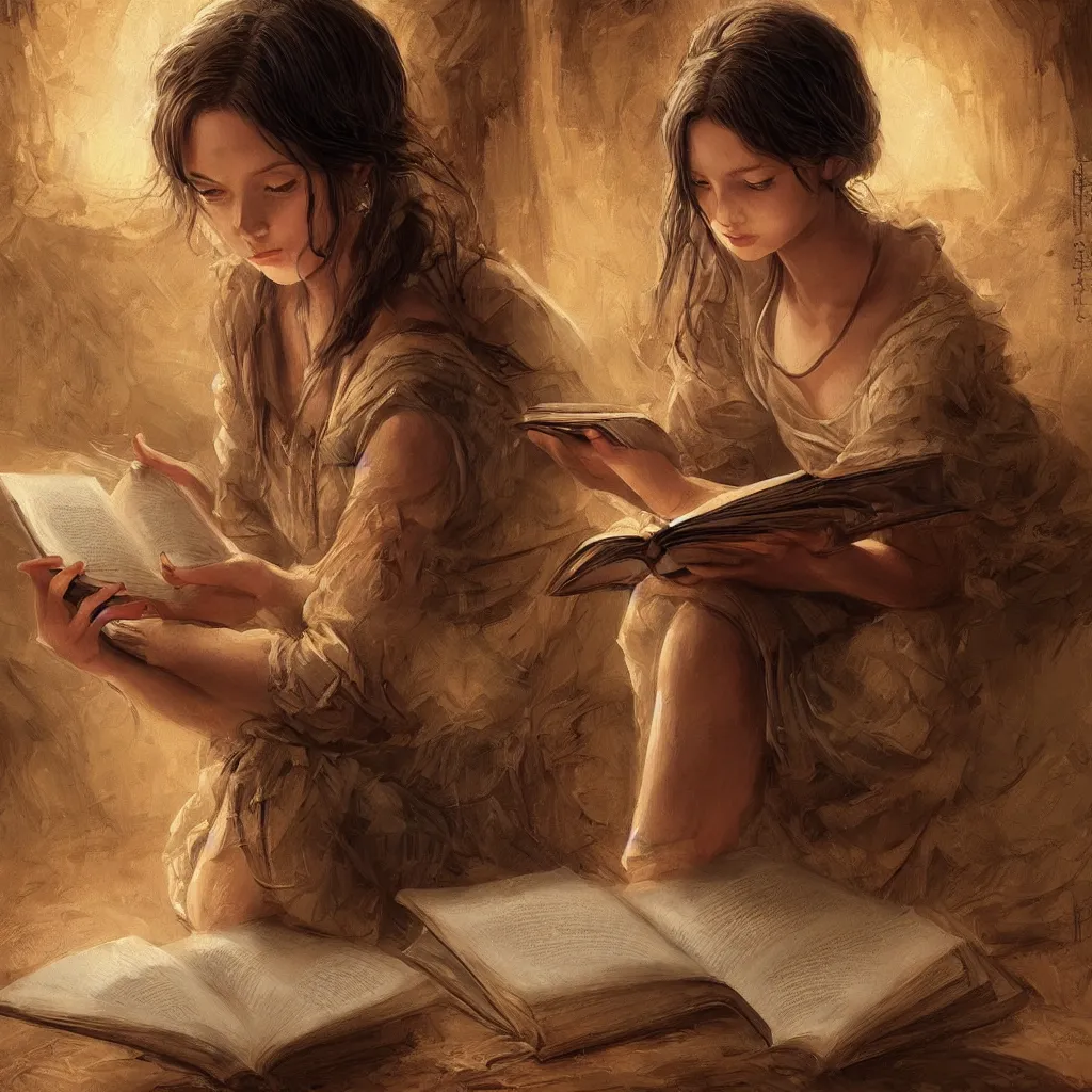 Image similar to village girl reading a book, cinematic, intricate, elegant, highly detailed, digital painting, artstation, concept art, smooth, sharp, focus, illustration, art by artgerm and Johfra Bosschart