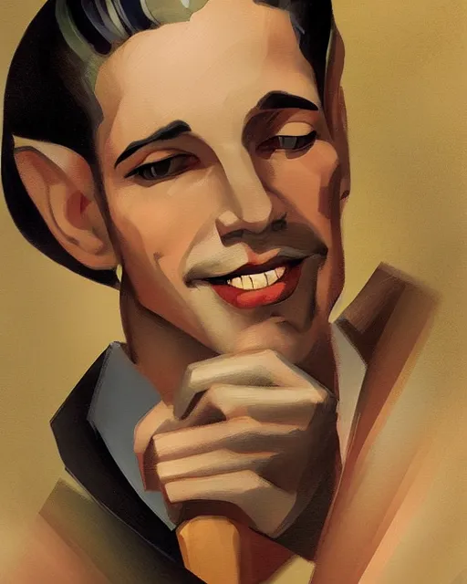 Image similar to portrait of a smiling man, art deco style, beautiful, elegant, mesmerizing, concept art, highly detailed, smooth, fantastical, artstation, deviantart, trending, by tamara de lempicka, sana takeda