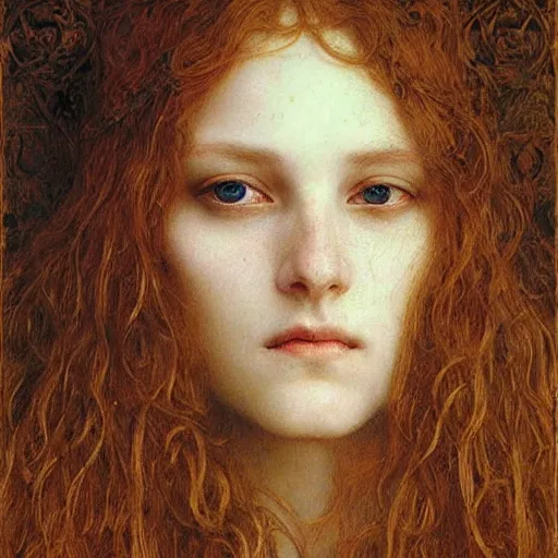 Image similar to detailed realistic beautiful young medieval queen face portrait by jean delville and ruan jia, art nouveau, symbolist, visionary, gothic, pre - raphaelite