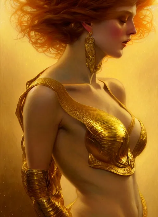 Prompt: Golden goddess, diffuse lighting, fantasy, intricate, elegant, highly detailed, lifelike, photorealistic, digital painting, artstation, illustration, concept art, smooth, sharp focus, art by John Collier and Albert Aublet and Krenz Cushart and Artem Demura and Alphonse Mucha