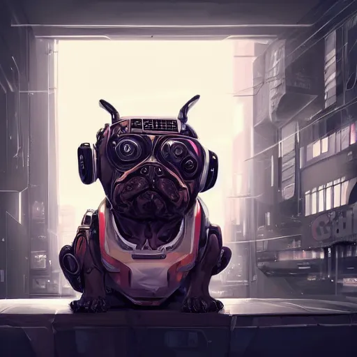 Prompt: « a cartoon cyborg bulldog sitting down, cyberpunk digital art by greg rutkowsky, cgsociety, 2 d art, cartoon, future tech, sketchfab »