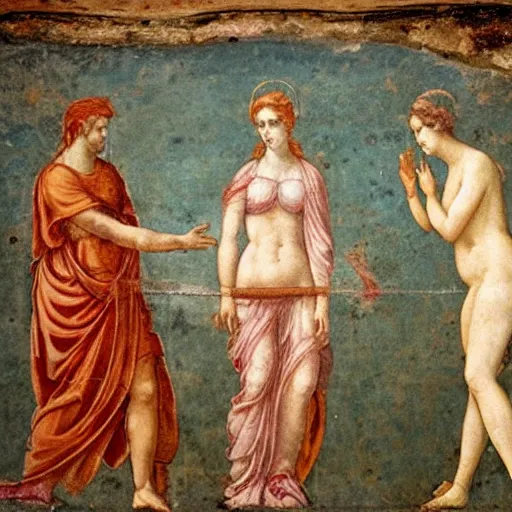 Prompt: ancient roman fresco showing juno scolding venus and mars for posting divine secrets on twitter