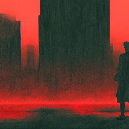 Prompt: a person watching the end of the world, red gradient map, dystopian city, debris, dramatic painting