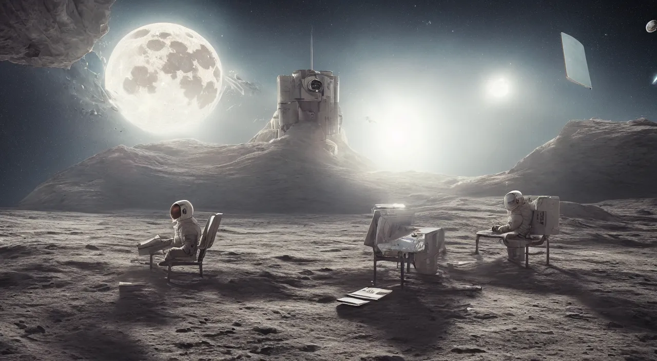 Prompt: hyper realistic matte painting of astronaut on the moon sitting on concrete bench in the foreground, back to the camera, reading book planet earth visible above horizon, back lighting, highly detailed, trending on artstation, concept art, art by jan matejko