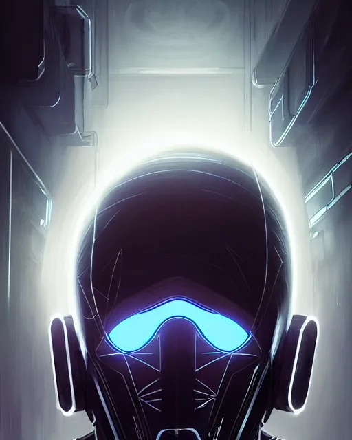 Image similar to professional concept art portrait of a masked cyber punk man in a dark room by artgerm and greg rutkowski ( thin white border ). an intricate, elegant, highly detailed digital painting, concept art, smooth, sharp focus, illustration, in the style of cam sykes, wayne barlowe, igor kieryluk.