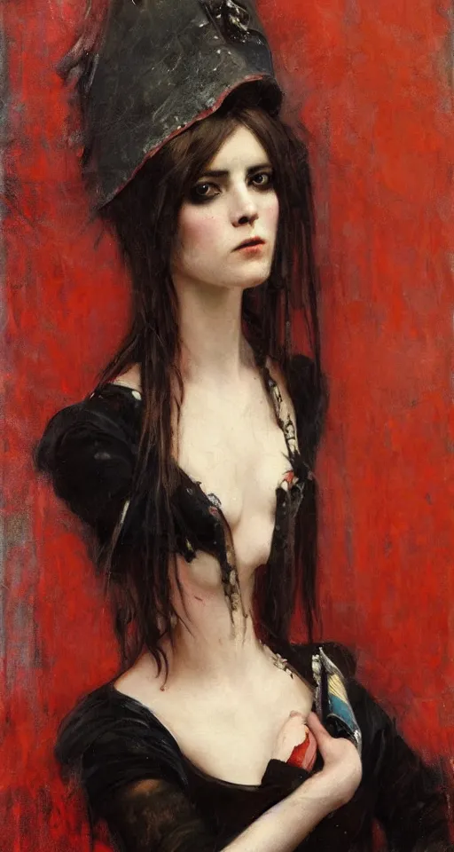 Image similar to Solomon Joseph Solomon and Richard Schmid and Jeremy Lipking victorian genre painting portrait painting of a young beautiful woman punk rock goth with punk rock haircut in fantasy costume, red background