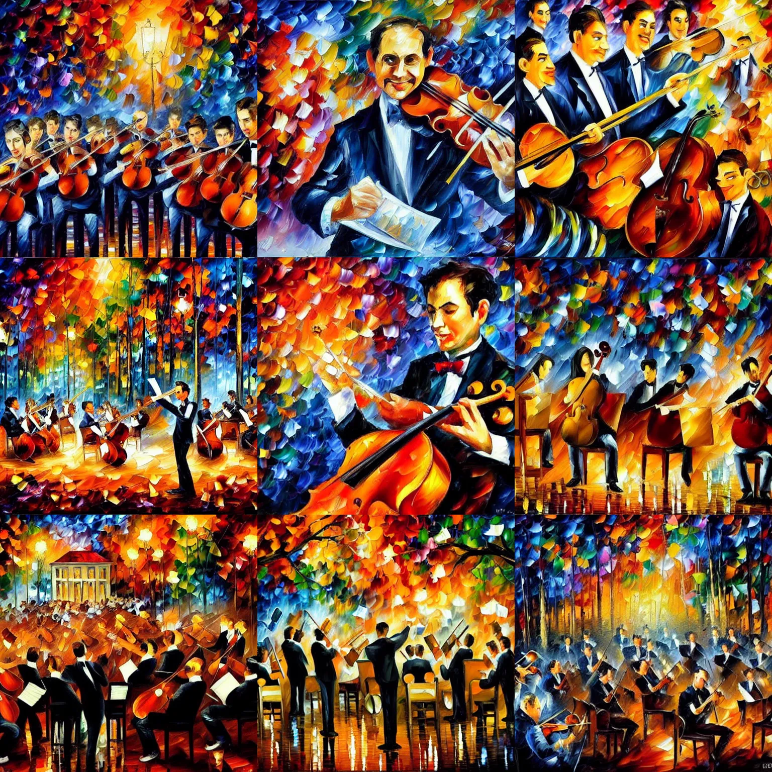 Prompt: leonid afremov, oil painting, shadow puppet of an orchestra