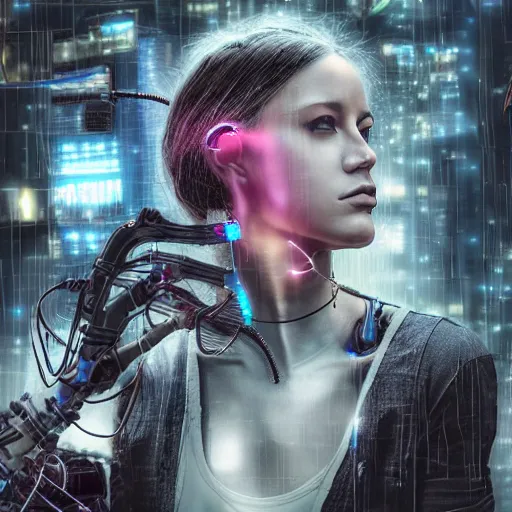 Prompt: a woman stealing a young woman's dreams from her head, cyberpunk, cybernetic implants, wires, cables,