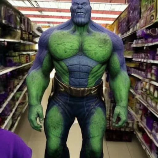 Prompt: thanos lost his mom in walmart