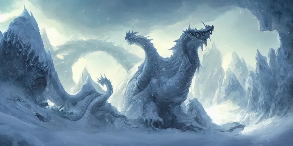 Prompt: a beautiful snow-covered mountain that is actually a giant dragon, snowing, spikey ice formations, fantasy digital painting by Andreas Rocha