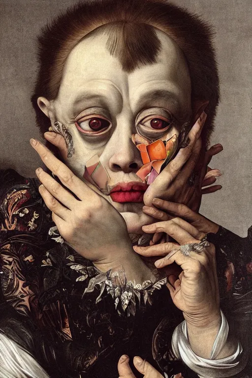 Image similar to Detailed maximalist portrait with large lips and with large eyes, sad exasperated expression, botany, extra hands limbs, HD mixed media, 3D collage, highly detailed and intricate illustration in the style of Caravaggio, dark art, baroque