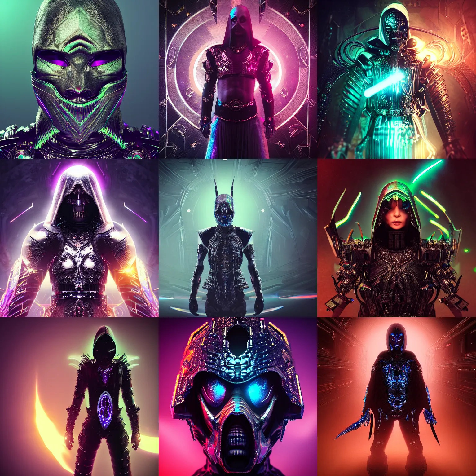 Prompt: “Highly detailed portrait of a powerful dark assassin entity being wearing iridescent shimmering cosmic gothic ninja armor made of circuitry (Epic scene, rich atmosphere, octane render, 4K)”