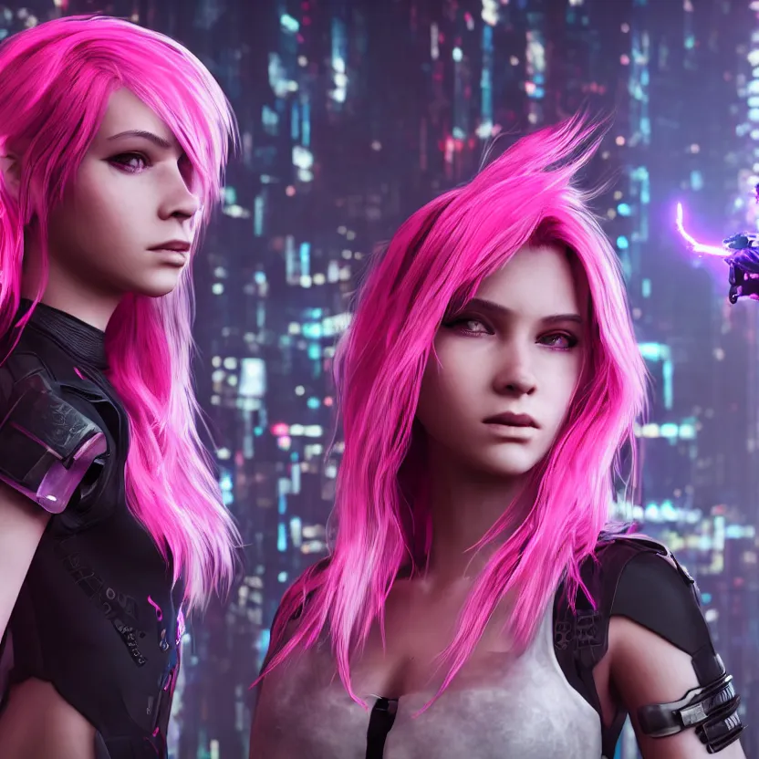 Prompt: stunning young cyberpunk girl + pink hair + black hoddy, mysterious, atmospheric, cinematic, Epic, 8k, 4k, ultra detail, ultra realistic, rendered by awesomeness