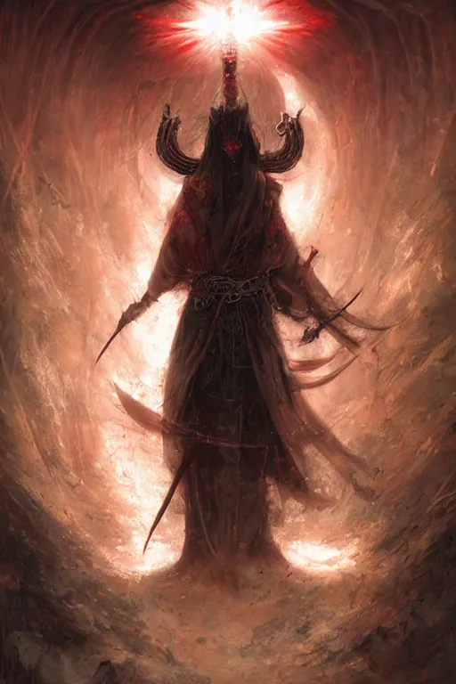 Image similar to a samurai cloaked in white armor, standing under a beam of light inside a dark cave, ruby red sorrow, high quality, ultra detail, by Peter Mohrbacher and Peter Gric