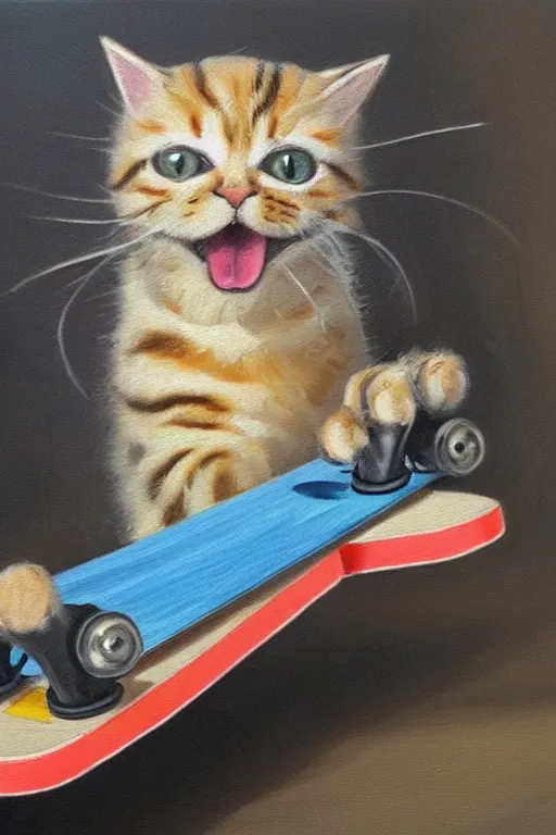 Image similar to oil painting of cute cat on a skateboard