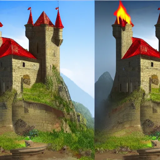 Prompt: Before and after picture of a castle currently under siege, fantasy, hyper realism, 8k resolution, flames, war, death