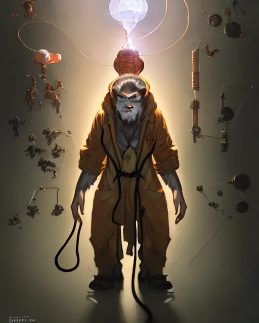 Image similar to Monkey Scientist, Experiment in Laboratory, clothed, D&D, artstation, fantasy, magic the gathering artwork, cinematic lighting, centered, symmetrical, highly detailed, digital painting, , concept art, smooth, sharp focus, illustration, volumetric lighting, epic Composition, 8k, art by Akihiko Yoshida and Greg Rutkowski and Craig Mullins, oil painting, cgsociety