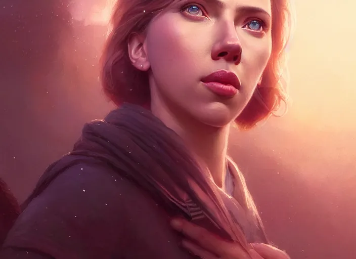 Image similar to highly detailed portrait of scarlett johansson, stephen bliss, unreal engine, art by greg rutkowski, loish, rhads, ferdinand knab, makoto shinkai and lois van baarle, ilya kuvshinov, rossdraws, tom bagshaw, global illumination, radiant light, detailed and intricate environment