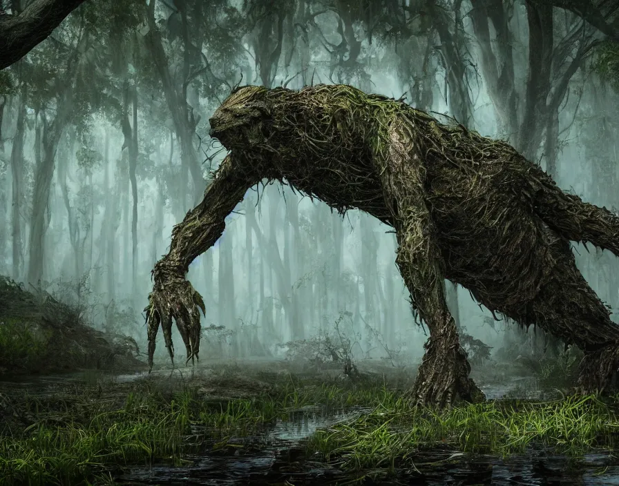 Image similar to swamp monster, realistic, beautiful texture, beautiful graphics, fantasy artwork, very beautiful scenery, hd, hdr, ue 5, ue 6, unreal engine 5, cinematic 4 k wallpaper, 8 k, ultra detailed