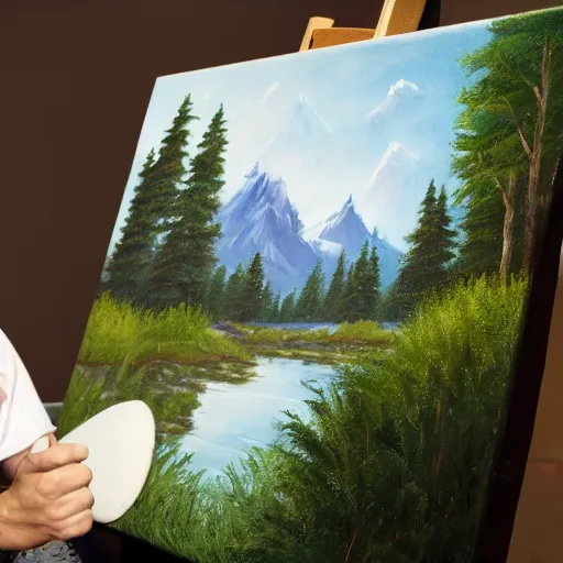 Image similar to a closeup photorealistic photograph of bob ross working on a canvas painting of cookie monster. film still. brightly lit scene. mountains and trees. this 4 k hd image is trending on artstation, featured on behance, well - rendered, extra crisp, features intricate detail, epic composition and the style of unreal engine.