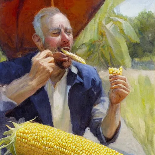 Image similar to a highly detailed beautiful portrait of man enjoying corn on the cob, by gregory manchess, james gurney, james jean