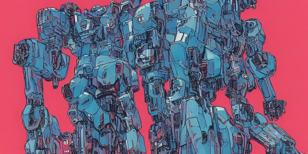 Image similar to risograph, gigantic mecha faces, no artifacts, mecha faces, a lot of exotic mecha faces, big human mecha faces everywhere, by moebius, matte blue colors, surreal design, crispy, super - detailed, a lot of tiny details, no blur, 4 k, fullshot