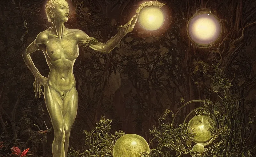 Prompt: a baroque neoclassicist portrait of an alien marble statue holding dimly glowing orbs in a botanical sci - fi courtyard at night. reflective textures. glowing fog. highly detailed fantasy science fiction painting by moebius, norman rockwell, frank frazetta, and syd mead. rich colors, high contrast, gloomy atmosphere, dark background. artstation