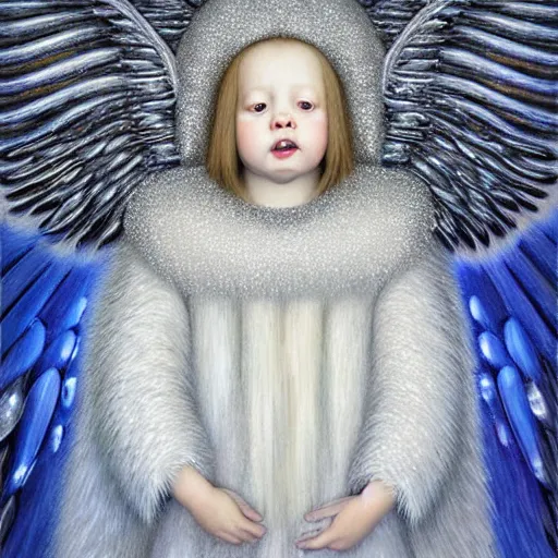 Prompt: highdetailed hyperrealistic painting of white angel in the hood lightning hands with silver sparkles!!!, giant silver ball on the chest!!!!!, 4 k hd fur face!!!, big wings, by jan van eyck, holography space, white sparkles everywhere, thin strokes, white monochrome color!!!!!, hyperrealism textures, soft