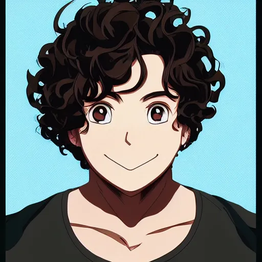 Prompt: An anime portrait of a mid-sized anime man with extremely short curly brown hair, chubby face, closed-mouth smile, closed lips, brown eyes, without glasses, wearing a t-shirt, his whole head fits in the frame, solid background, by Stanley Artgerm Lau, WLOP, Rossdraws, James Jean, Andrei Riabovitchev, Marc Simonetti, and Sakimi chan, trending on artstation