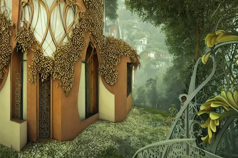 Prompt: elegance, foliage overgrowing favela honeybee hive, art nouveau environment, award winning art, epic dreamlike fantasy landscape, ultra realistic,