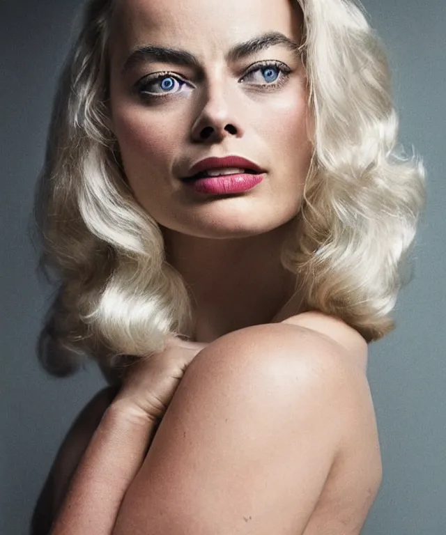 Image similar to a color photograph of margot robbie, by carrie mae weems, platinum blond, intense, bold, exaggerated, ultra sharp, extra details, ultra high quality, trending on pinteresst