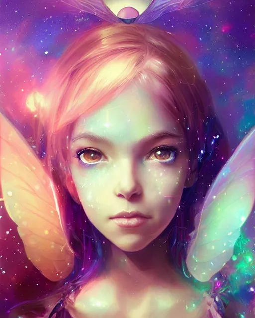 Prompt: a detailed image of an attractive!!!! girl with psychedelic! fairy wings holding!! a crystal!! containing all of reality and galaxies, by greg rutkowski artgerm ross tran ilya kuvshinov. volumetric lighting, digital art, subtle and detailed