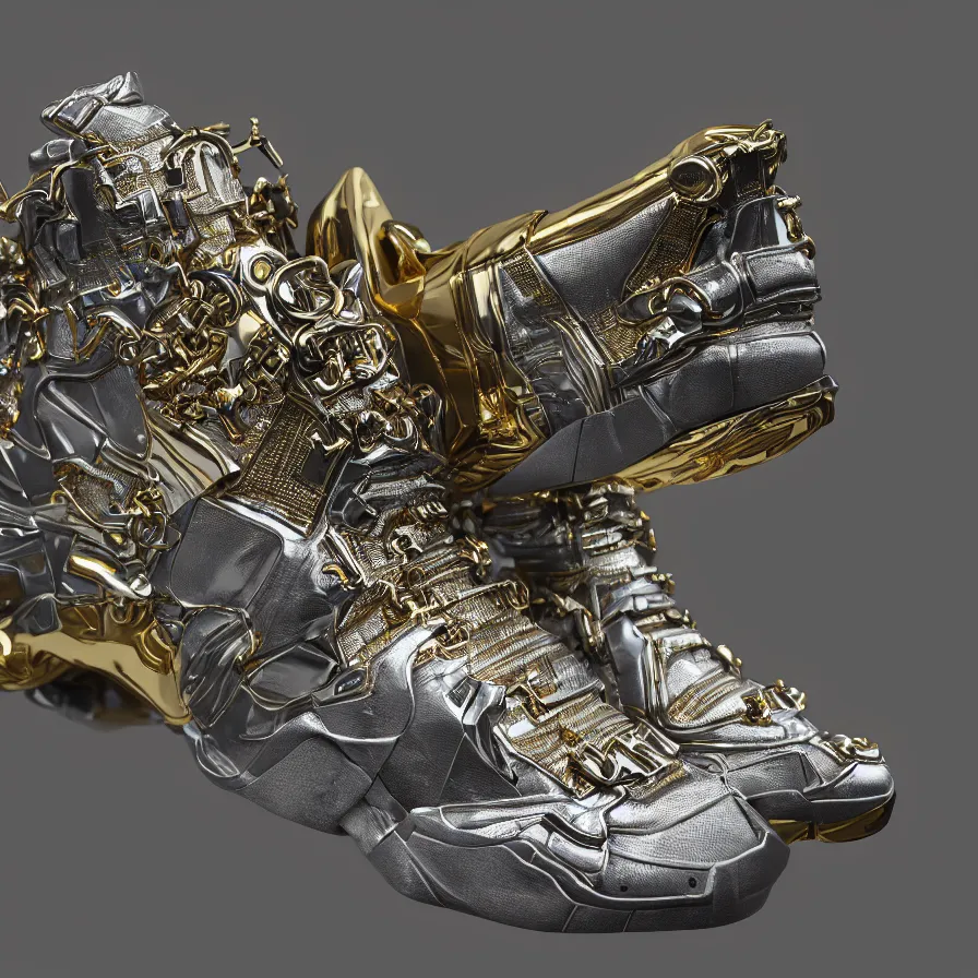 Image similar to futuristic balenciaga sneakers, nft art, highly detailed, hyper realistic, a ton of bussdown iced gold bling in wallace & gromit strata - cut claymation, ultra realistic, concept art, intricate details, serious, highly detailed, photorealistic, octane render, 8 k, unreal engine