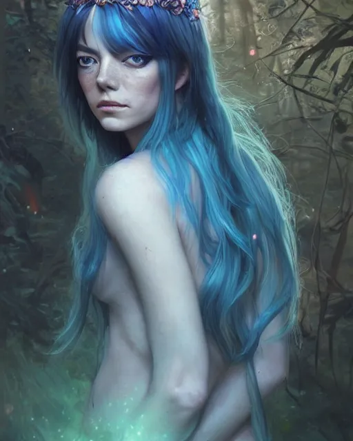 Image similar to stunningly beautiful female blue hair, emma stone face, antasy art, fae priestess, lush forest landscape, dark light night, sharp focus, digital painting, 8 k, concept art, art by wlop, artgerm, greg rutkowski and alphonse mucha