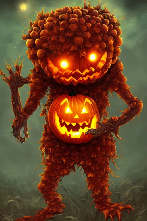 Image similar to a humanoid pumpkin monster, amber glowing eyes, highly detailed, digital art, sharp focus, trending on art station, plant, anime art style