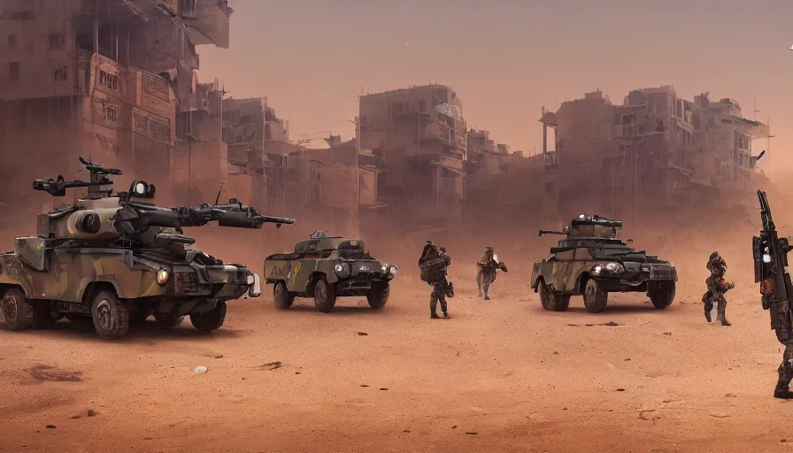 Image similar to a militarized police vehicle with mounted weapons riding through an orwellian egyptian town, troops searching the area, furious action scene, an epic fantasy, dramatic lighting, cinematic, establishing shot, extremely high detail, photorealistic, cinematic lighting, artstation, octane render, by simon stalenhag, horizon forbidden west