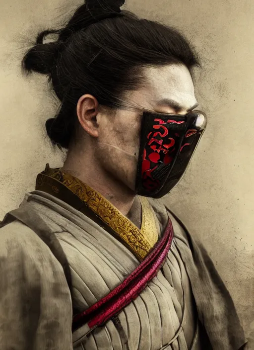 Image similar to samurai portrait photo, wearing mempo mask, after a battle, dirt and unclean, extreme detail, cinematic, dramatic lighting render, photorealism photo by national geographic, tom bagshaw, masterpiece