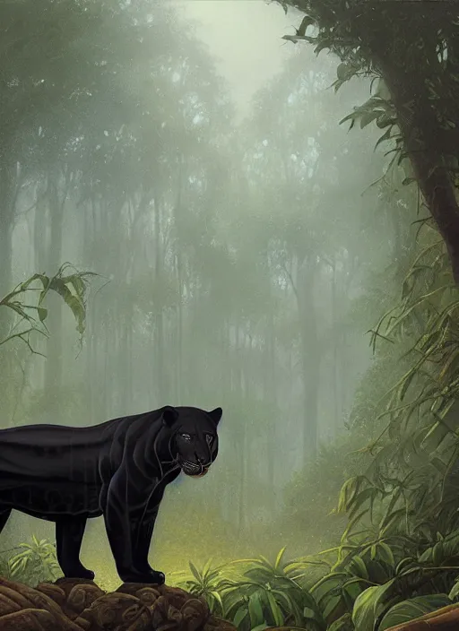 Image similar to a beautiful black jaguar waling in the jungle at night, art by christophe vacher