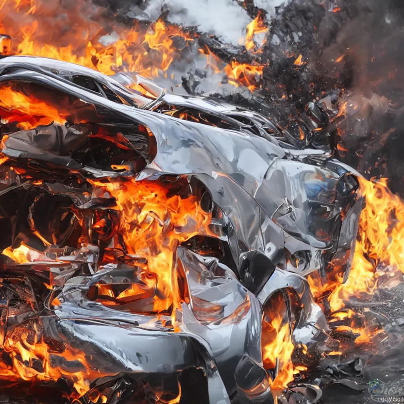 Image similar to close - up of a chrome pagani huayra on fire after a big crash, 8 k, highly detailed, realistic